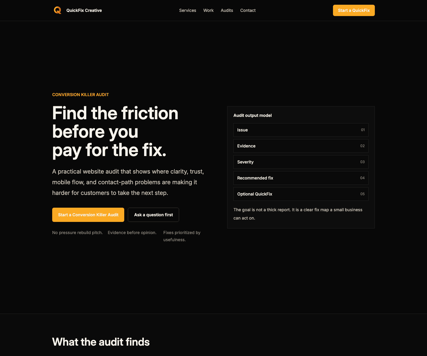 Desktop screenshot of the QuickFix Creative audit evidence route.