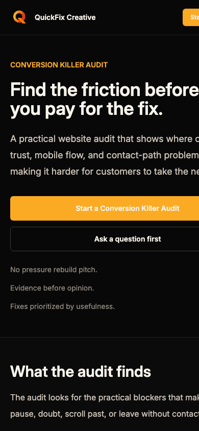 Mobile screenshot of the QuickFix Creative audit evidence route.