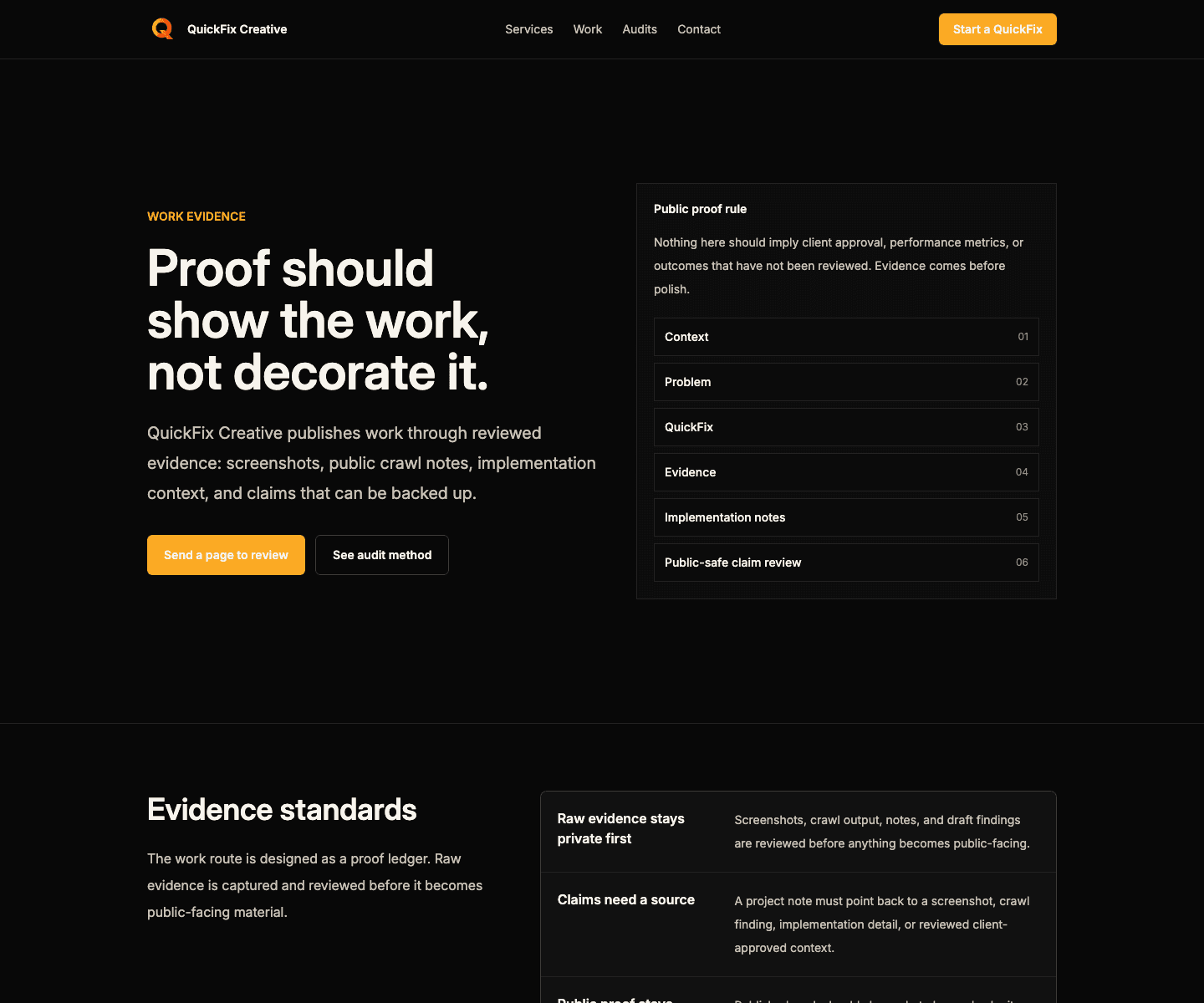 Desktop screenshot of the QuickFix Creative work evidence route.