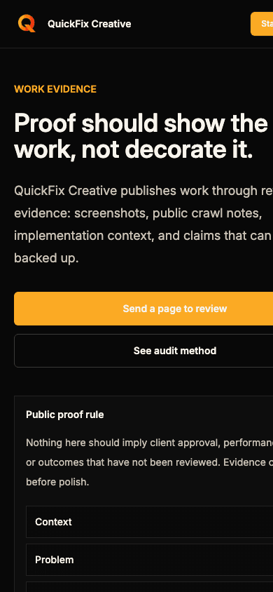 Mobile screenshot of the QuickFix Creative work evidence route.